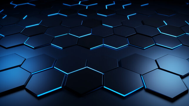 blue neon light glow hexagons modern background. Abstract cube hexagon shape background. Digital technology concept. hexagon background. Technology polygonal design. Digital futuristic minimalism.