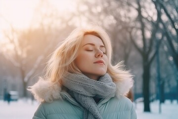  woman cold breathing at winter park 