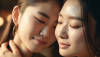 Obraz premium Smiling females embrace in joyful togetherness, love and friendship generated by AI