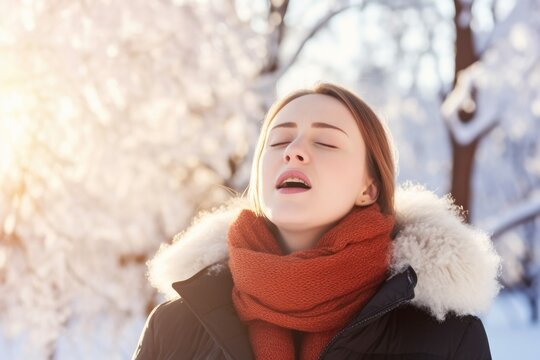  woman cold breathing at winter park 