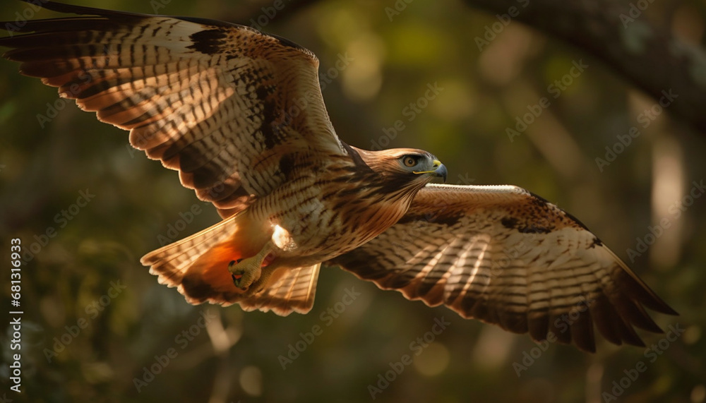 Poster endangered kestrel spreads wings in mid air, looking at camera generated by ai