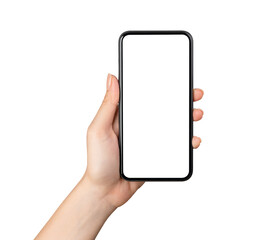 Hand holding the black smartphone with mockup of blank screen on isolated background.