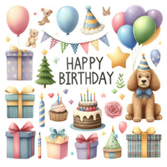 Obraz na płótnie Canvas Happy birthday holiday decorations set. 3d vector realistic objects. Toy balloons, heart, star symbols, cupcake, cake, gift box