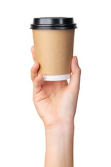 Hand holds coffee paper cup on isolated background.