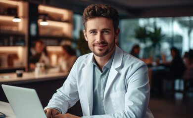 Fototapeta premium Entrepreneur who works in healthcare and who sits behind the computer.