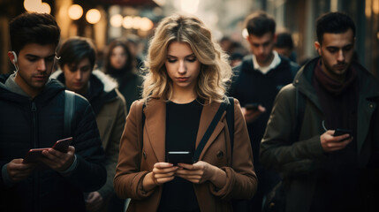 Woman and crowd of people is walking by the street and checking their smartphones at the same time in a busy city. - obrazy, fototapety, plakaty