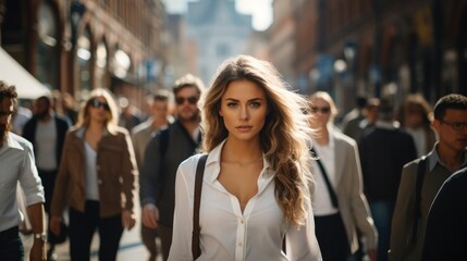 Fototapeta premium Beautiful woman walk down busy streets with steady eyes and steady steps.