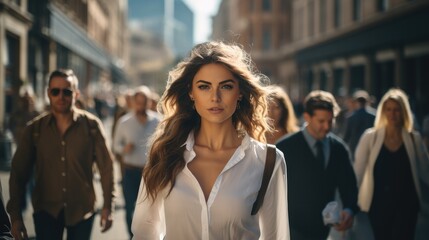 Beautiful woman walk down busy streets with steady eyes and steady steps.