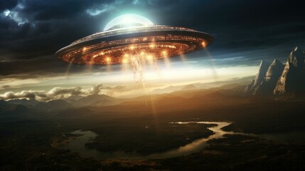 An alien spaceship flying over a mountain. Generative AI.