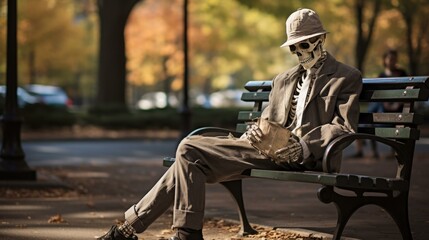 A skeleton sitting on a park bench. Generative AI. - obrazy, fototapety, plakaty