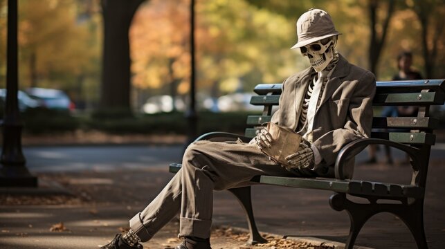 A skeleton sitting on a park bench. Generative AI.