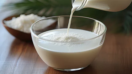  protein powder with milk, Glass of fresh milk and powdered milk or milk powder isolated on white background. © Planetz
