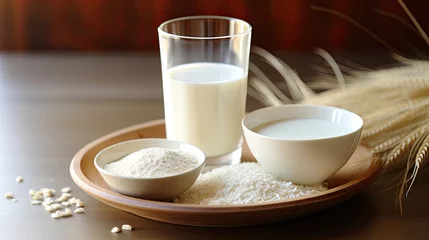  protein powder with milk, Glass of fresh milk and powdered milk or milk powder isolated on white background. © Planetz