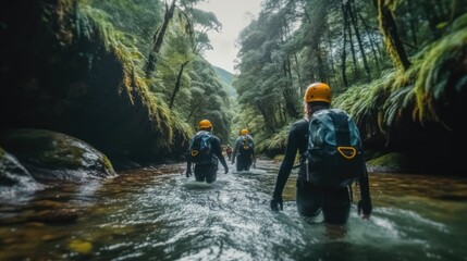 Group of friends live a Canyoning experience in the middle of the jungle, The situation is adrenaline and fun. - obrazy, fototapety, plakaty