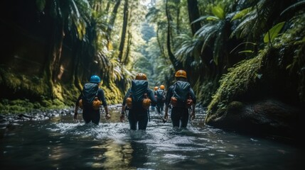 Group of friends live a Canyoning experience in the middle of the jungle, The situation is adrenaline and fun.