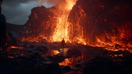 Tourist explorer Inside a Volcano, Natural Geothermal Marvel Concept.