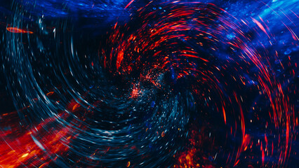 Colorful swirl background. Time portal. Red dark blue sparkles mix hypnotic energy spiral in black...