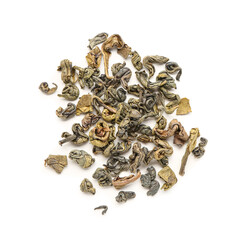 Heap of dry green tea on white background
