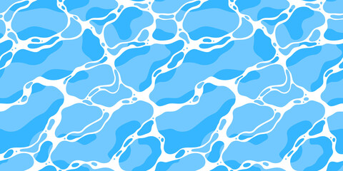 Quiet clear blue water surface seamless pattern illustration. Modern flat cartoon background design of beach or pool with tranquil turquoise ripples. Summer vacation backdrop.	
