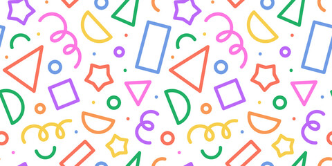 Fun colorful line doodle seamless pattern. Creative minimalist style art background for children or trendy design with basic shapes. Simple childish scribble backdrop.	
