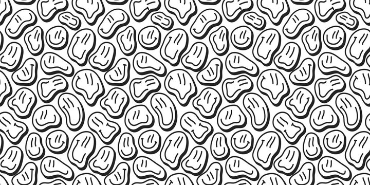 Funny melting happy face cartoon seamless pattern. Retro black and white psychedelic drug effect icon background texture. Trendy character doodle wallpaper.	
