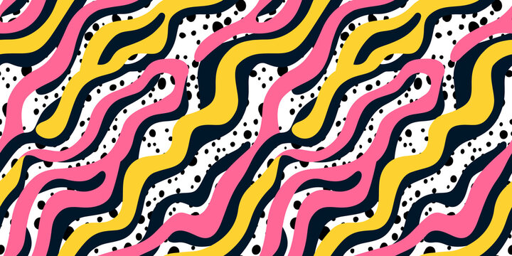 Abstract colorful neon print seamless pattern illustration in retro 80s style. Trendy background with creative line drawing.	