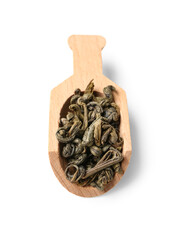 Wooden scoop with dry green tea leaves on white background