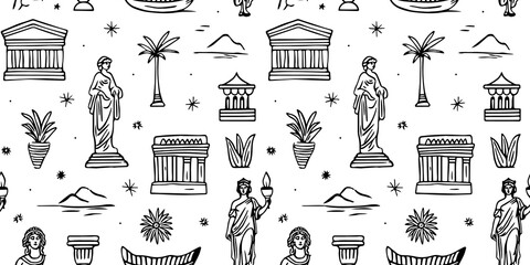 Ancient greek statue and classic vintage monument seamless pattern. Black and white greece culture background illustration. Historical flat cartoon drawing.	
 - obrazy, fototapety, plakaty