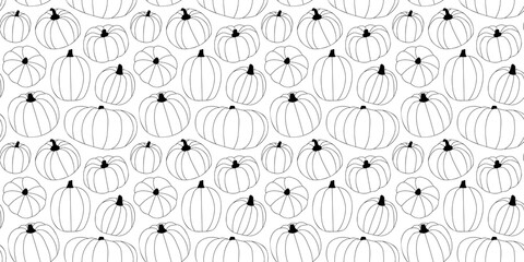 Black and white halloween pumpkin seamless pattern illustration. Fall season harvest vegetable background print for october holiday celebration or thanksgiving event. Decorative hand drawn texture.	
