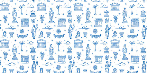 Obraz premium Ancient greek statue and classic vintage monument seamless pattern. Blue greece culture background illustration. Historical flat cartoon drawing wallpaper print texture. 