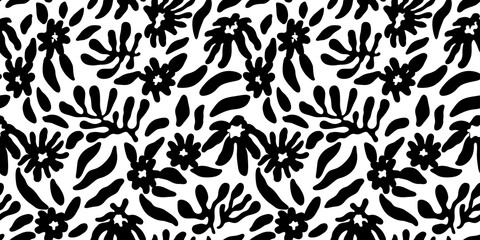 Abstract black and white flower art seamless pattern. Trendy contemporary floral nature shape background illustration. Natural organic plant leaves artwork wallpaper print. Vintage spring texture.	
