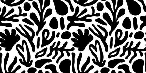 Abstract organic shape art seamless pattern with freehand doodles. Contemporary flat cartoon background, simple nature shapes in black and white.	

