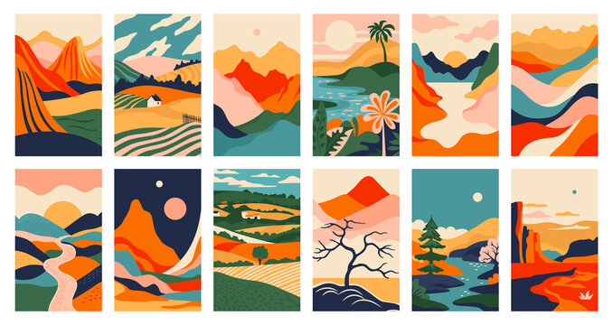Big set of abstract mountain landscape banner collection. Trendy flat collage art style backgrounds of diverse vintage travel scenery. Nature environment, coast biome, multicolor hills, desert dunes.	