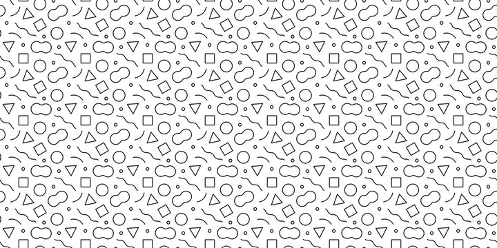 Fun black line doodle seamless pattern. Creative minimalist style art background for children or trendy design with basic shapes. Simple childish scribble backdrop.	