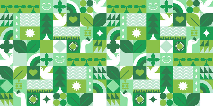 Green eco friendly symbol mosaic seamless pattern illustration with nature abstract shapes. Fresh organic concept background print. Minimalist environment shape texture, geometry collage. © Dedraw Studio