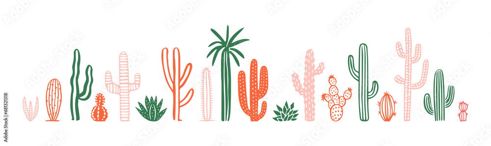 Wall mural hand drawn cactus plant doodle set. vintage style cartoon cacti houseplant illustration collection. 