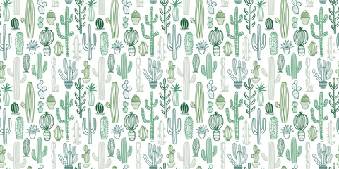 Hand drawn cactus plant doodle seamless pattern. Vintage style cartoon cacti houseplant background. Nature desert flora texture, mexican garden print. Natural interior graphic decoration wallpaper.	
