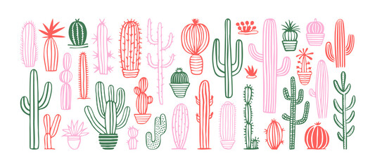Hand drawn cactus plant doodle set. Vintage style cartoon cacti houseplant illustration collection. Isolated element of nature desert flora, mexican garden bundle. Natural interior graphic decoration. © Dedraw Studio