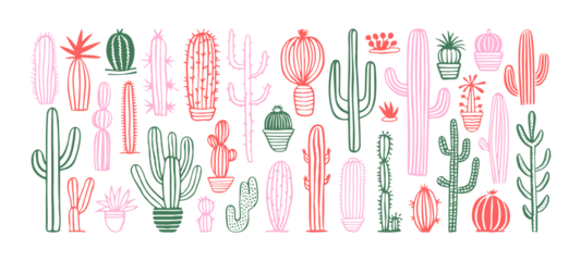 Fotobehang Hand drawn cactus plant doodle set. Vintage style cartoon cacti houseplant illustration collection. Isolated element of nature desert flora, mexican garden bundle. Natural interior graphic decoration. © Dedraw Studio
