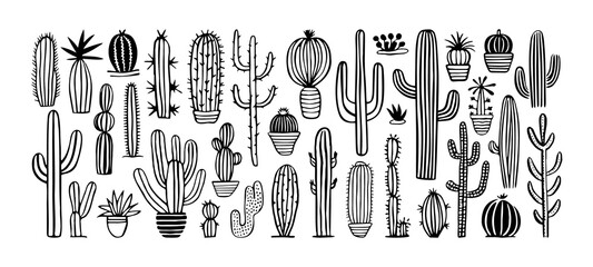 Hand drawn cactus plant doodle set. Vintage style black and white cartoon cacti houseplant illustration collection. Isolated element of nature desert flora, mexican garden bundle.   © Dedraw Studio
