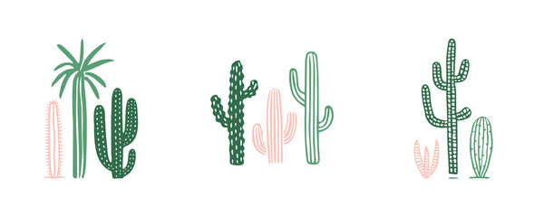 Hand drawn cactus plant doodle set. Vintage style cartoon cacti houseplant illustration collection. Isolated element of nature desert flora, mexican garden bundle. Natural interior graphic decoration. © Dedraw Studio
