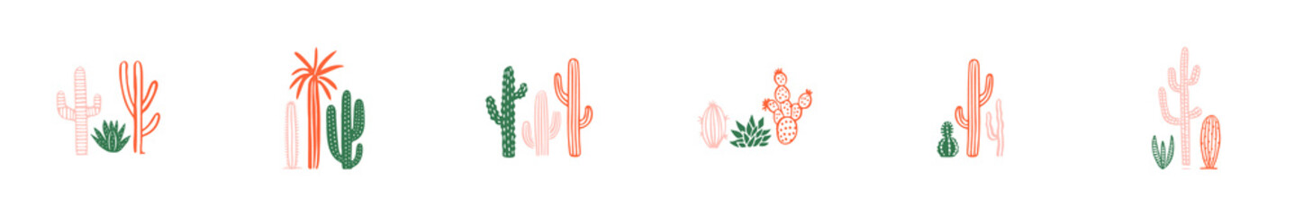 Hand drawn cactus plant doodle set. Vintage style cartoon cacti houseplant illustration collection. Isolated element of nature desert flora, mexican garden bundle. Natural interior graphic decoration.