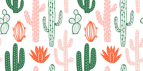 Hand drawn cactus plant doodle seamless pattern. Vintage style cartoon cacti houseplant background. Nature desert flora texture, mexican garden print. Natural interior graphic decoration wallpaper.	
