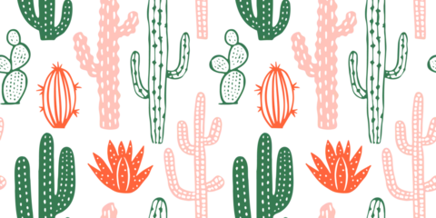 Foto auf Alu-Dibond Hand drawn cactus plant doodle seamless pattern. Vintage style cartoon cacti houseplant background. Nature desert flora texture, mexican garden print. Natural interior graphic decoration wallpaper.   © Dedraw Studio