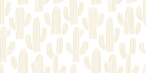 Hand drawn cactus plant doodle seamless pattern. White cacti houseplant background. Nature desert flora texture, mexican garden print. Natural interior graphic decoration wallpaper.	