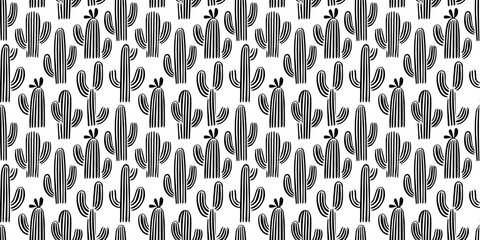 Hand drawn cactus plant doodle seamless pattern. Black and white cacti houseplant background. Nature desert flora texture, mexican garden print. Natural interior graphic decoration wallpaper.	 - obrazy, fototapety, plakaty