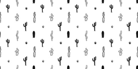 Hand drawn cactus plant doodle seamless pattern. Black and white cacti houseplant background. Nature desert flora texture, mexican garden print. Natural interior graphic decoration wallpaper.  © Dedraw Studio