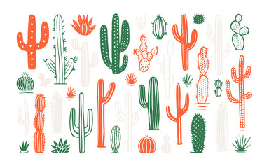 Hand drawn cactus plant doodle set. Vintage style cartoon cacti houseplant illustration collection. Isolated element of nature desert flora, mexican garden bundle. Natural interior graphic decoration. © Dedraw Studio