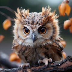 Photo of a baby owl perched on a branch. Generative AI