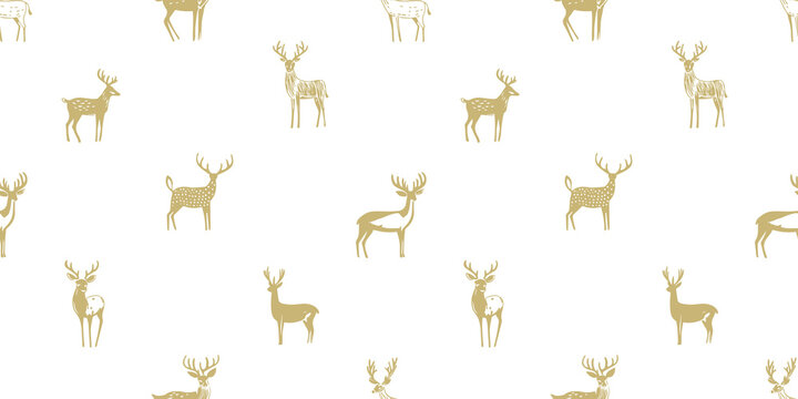Hand drawn christmas deer seamless pattern illustration. Vintage style reindeer drawing background for festive xmas celebration event. Holiday animal texture print, december decoration wallpaper.	